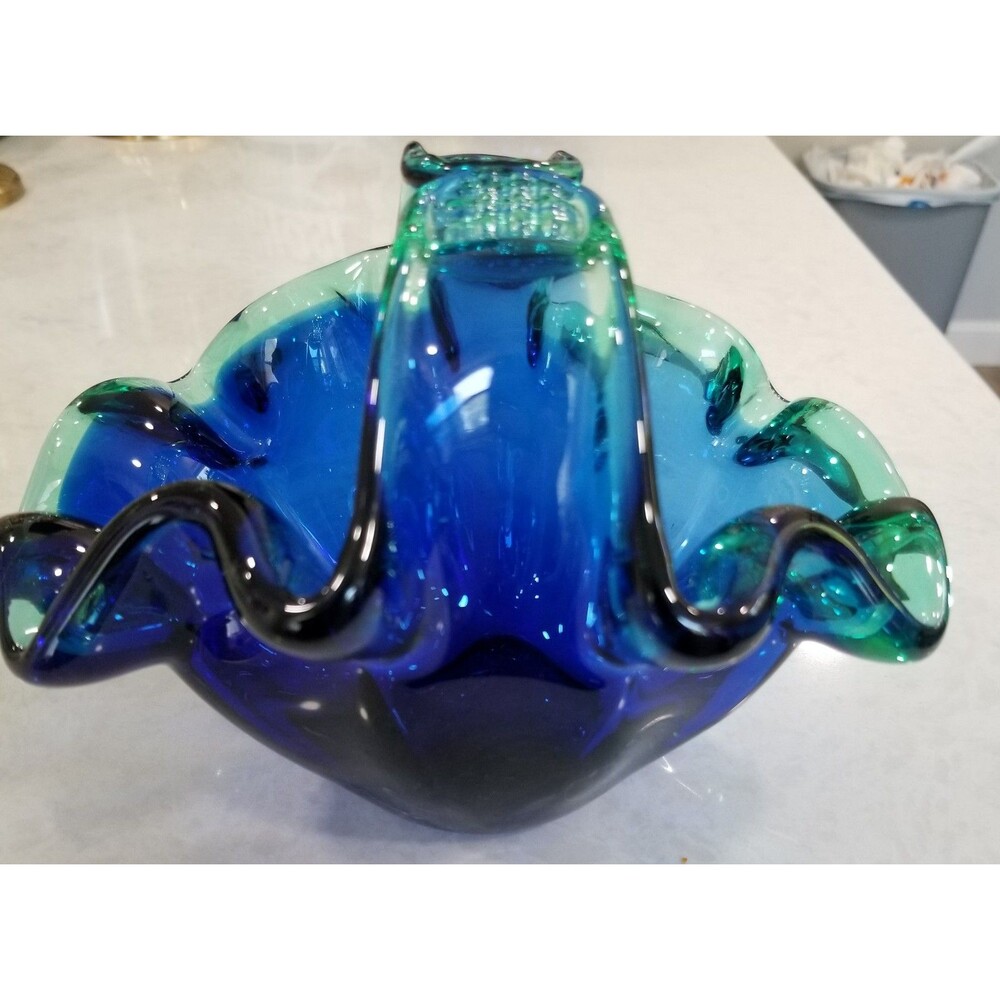 White Cristal blue Murano glass basket bowl with blue green edge vintage - Picture 4 of 9